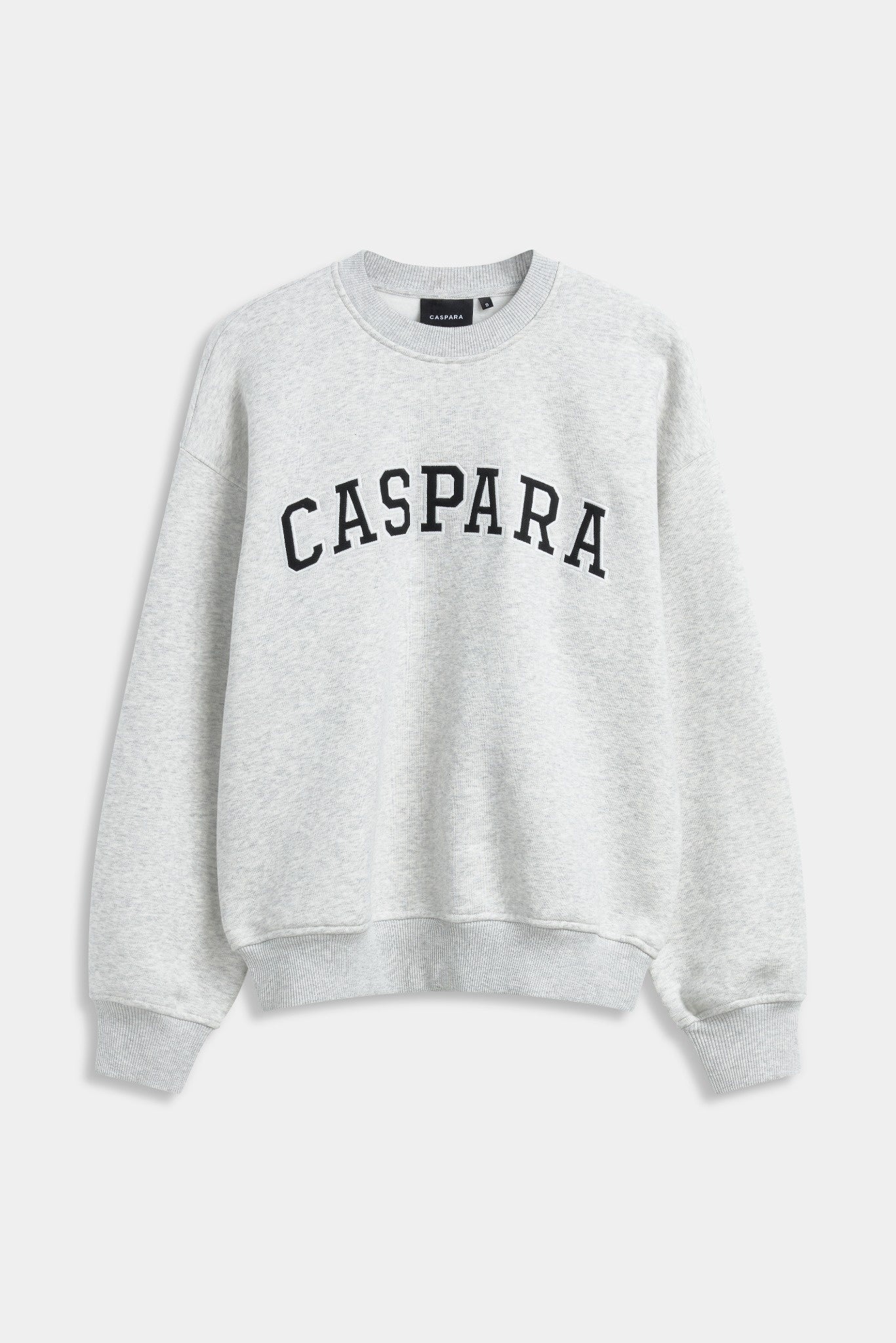 Grey melange CASPARA logo crewneck sweatshirt against a light grey background.